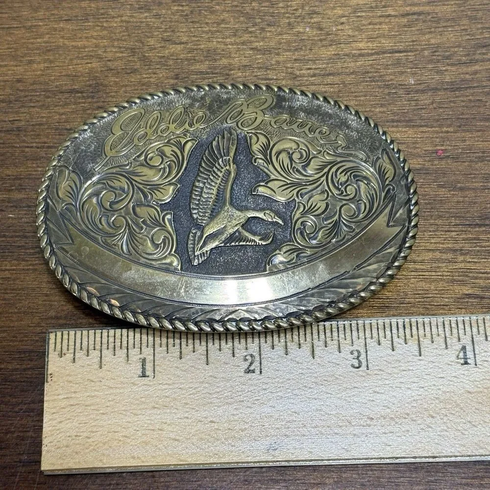 Eddie Bauer Solid Brass Belt Buckle Goose Duck Hunting Blank Engraving Banner